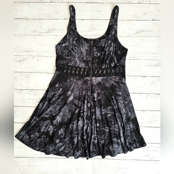 EMPYRE ZUMIEZ Skater Black & Gray Tie Dye Lace Tank Soft Midi Dress Zip up Back - Picture 2 of 10